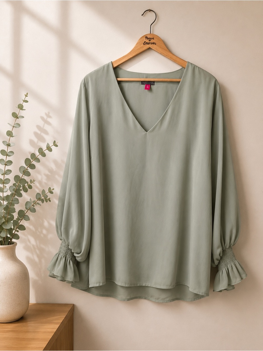 Vince Camuto Smocked Cuff Blouse Sage Green Size 2X NWT